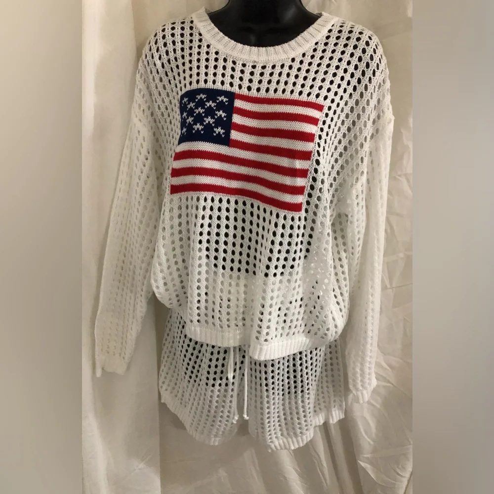 White 2pc American flag crochet mesh sweater & shorts coverup set size large new